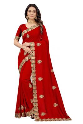 Red embroidered silk blend saree with blouse 1