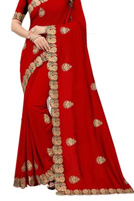 Red embroidered silk blend saree with blouse 2