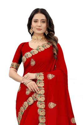 Red embroidered silk blend saree with blouse 3