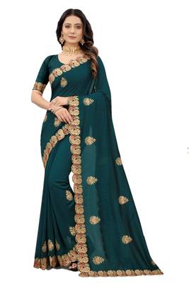 Teal embroidered silk blend saree with blouse 1
