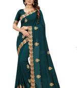 Teal embroidered silk blend saree with blouse