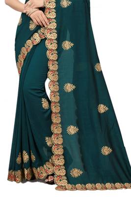 Teal embroidered silk blend saree with blouse 2