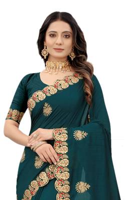 Teal embroidered silk blend saree with blouse 3