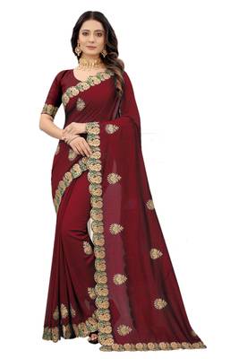 Maroon embroidered silk blend saree with blouse 1