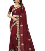 Maroon embroidered silk blend saree with blouse
