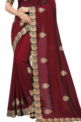 Maroon embroidered silk blend saree with blouse 2