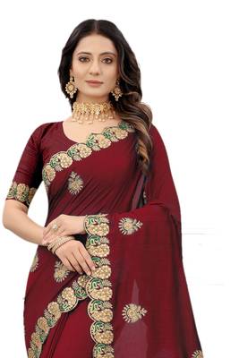Maroon embroidered silk blend saree with blouse 3