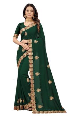 Green embroidered silk blend saree with blouse 1