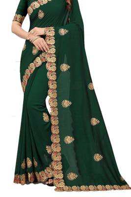Green embroidered silk blend saree with blouse 2