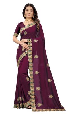 Purple embroidered silk blend saree with blouse 1