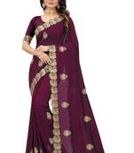 Purple embroidered silk blend saree with blouse