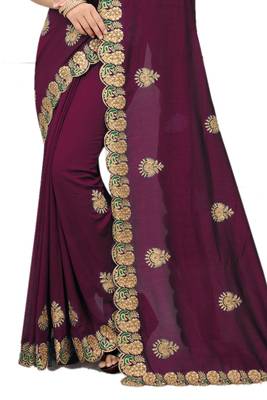 Purple embroidered silk blend saree with blouse 2