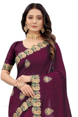 Purple embroidered silk blend saree with blouse 3