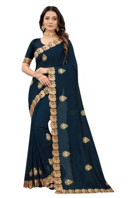 Navy blue embroidered silk blend saree with blouse 1