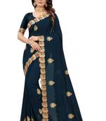 Navy blue embroidered silk blend saree with blouse