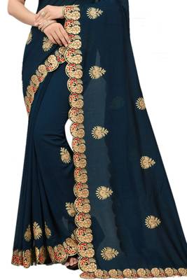 Navy blue embroidered silk blend saree with blouse 2
