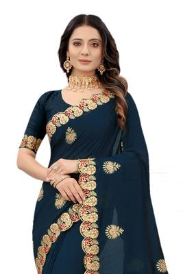 Navy blue embroidered silk blend saree with blouse 3