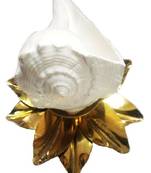 Dakshinavarti Shankh With Brass Lotus Design Stand For Puja (9 Cms Approx)