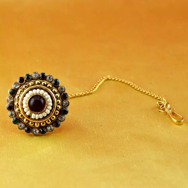 Borla Mang Tika  Gold Platted Stone Meenakari Cz Ad Moti Pearl Polki Kundun