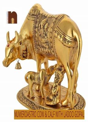 Kamdhenu Cow and Calf with Laddu Gopal | Krishna in White Metal Golden Finish (15 Cms) (1 Pc) 1