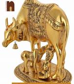 Kamdhenu Cow and Calf with Laddu Gopal | Krishna in White Metal Golden Finish (15 Cms) (1 Pc)