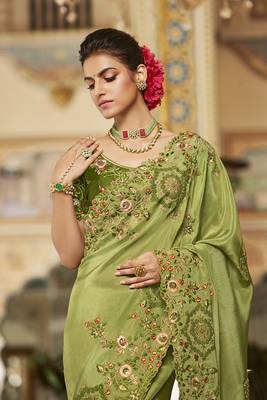   light green embroidered viscose saree with blouse 2