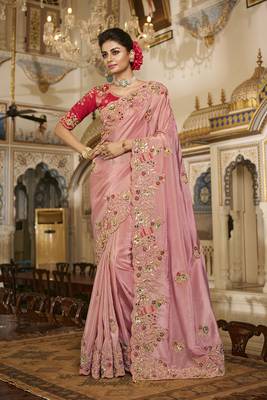   baby pink embroidered viscose saree with blouse 1