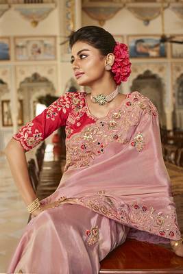   baby pink embroidered viscose saree with blouse 2