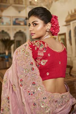  baby pink embroidered viscose saree with blouse 3