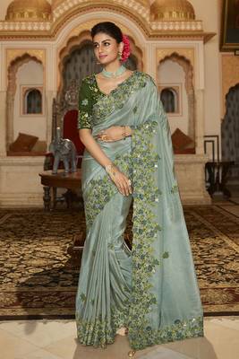   sea green embroidered viscose saree with blouse 1