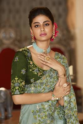   sea green embroidered viscose saree with blouse 2