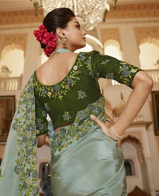   sea green embroidered viscose saree with blouse 3