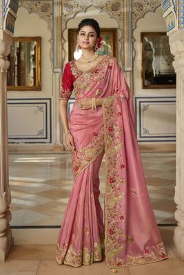  baby pink embroidered viscose saree with blouse 1
