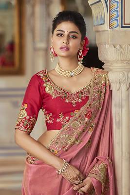   baby pink embroidered viscose saree with blouse 2