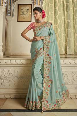   sky blue embroidered viscose saree with blouse 1
