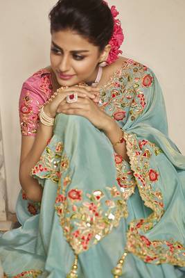   sky blue embroidered viscose saree with blouse 2