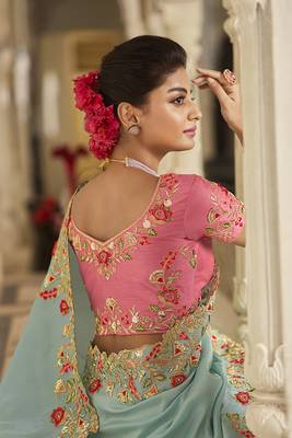   sky blue embroidered viscose saree with blouse 3