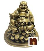 numeroastro feng shui laughing buddha showpiece - sitting on coins, ingot in hand, 5 inches