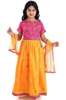 Kinder Kids Girls Pink  Gold-Toned Embroidered Ready to Wear Lehenga  Blouse With Dupatta