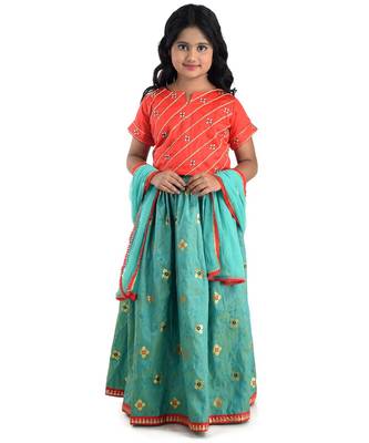 Kinder Kids Girls Red  Blue Embroidered Ready to Wear Lehenga  Blouse With Dupatta 1