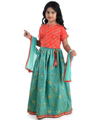 Kinder Kids Girls Red  Blue Embroidered Ready to Wear Lehenga  Blouse With Dupatta 2