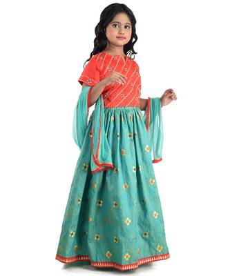 Kinder Kids Girls Red  Blue Embroidered Ready to Wear Lehenga  Blouse With Dupatta 3