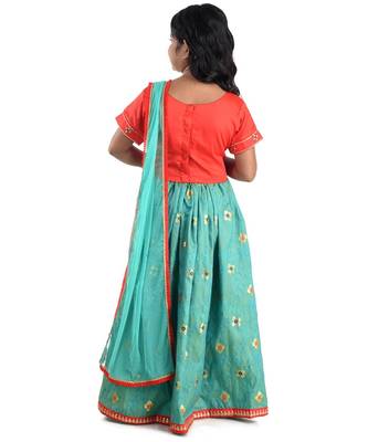 Kinder Kids Girls Red  Blue Embroidered Ready to Wear Lehenga  Blouse With Dupatta 4