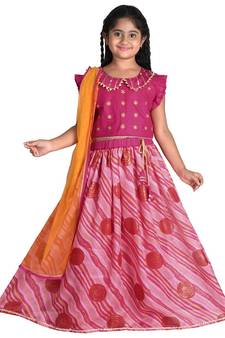Kinder Kids Girls Pink  Mustard Printed Ready to Wear Lehenga Choli