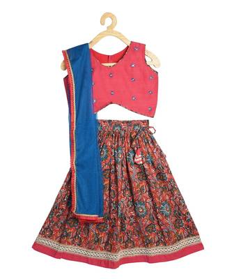 Kinder Kids Girls Pink  Blue Embroidered Ready to Wear Lehenga  Blouse With Dupatta 1