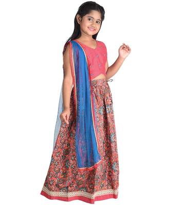 Kinder Kids Girls Pink  Blue Embroidered Ready to Wear Lehenga  Blouse With Dupatta 4