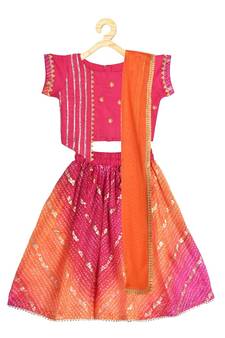 Kinder Kids Girls Pink  Orange Ready to Wear Lehenga  Blouse With Net Dupatta