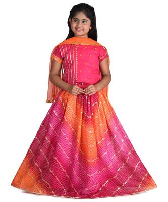 Kinder Kids Girls Pink  Orange Ready to Wear Lehenga  Blouse With Net Dupatta 2