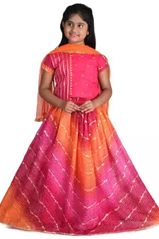Kinder Kids Girls Pink  Orange Ready to Wear Lehenga  Blouse With Net Dupatta