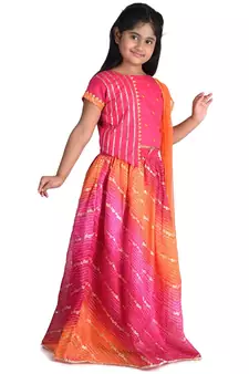 Kinder Kids Girls Pink  Orange Ready to Wear Lehenga  Blouse With Net Dupatta